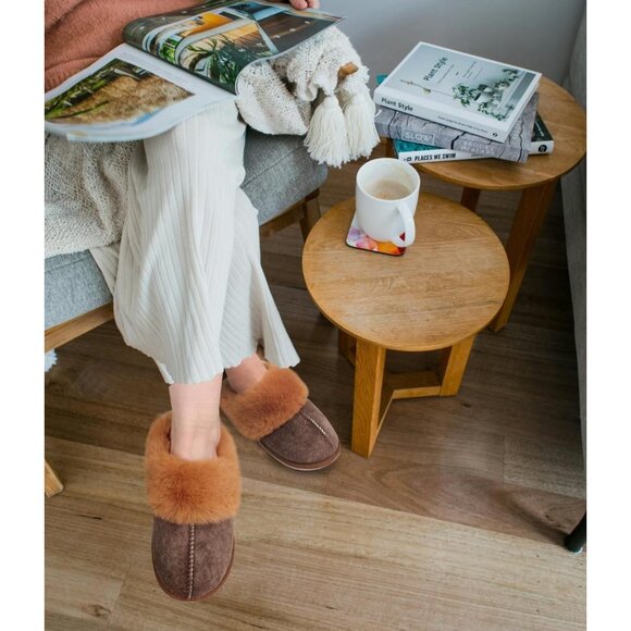 🆕Women Brown Suede Fluff Dual Memory Foam Arch Support Warm Scuff Slipper - Picture 5 of 10